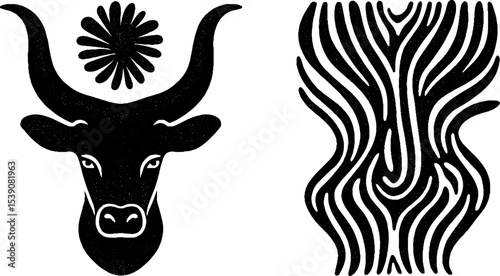 Ancient ritual symbols: rhyton horn and bull head for cultural decor