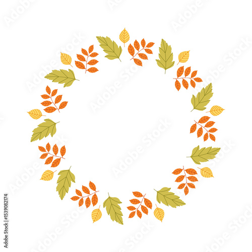 Wearth Autumn fall frame. Autumn leaves circle frame. Round border made of fall leaves in orange, yellow, and green. Vector flat isolated on white background.	