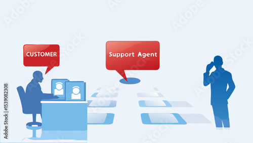 Illustration showing customer interacting with support agent via digital communication tools online