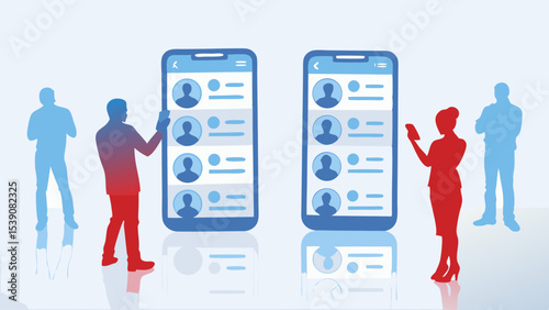 People interacting with mobile devices displaying contact lists in a digital communication scene