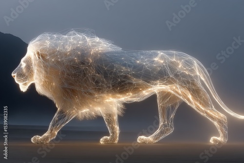 Majestic lion walks through a mystical landscape, surrounded by shimmering light, creating a captivating aura of strength and elegance