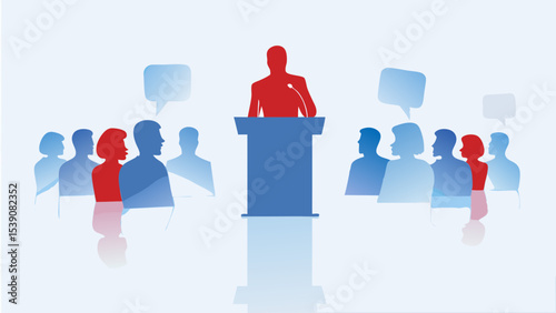 Red figure giving a speech to a crowd of people with speech bubbles in the background in blue and red