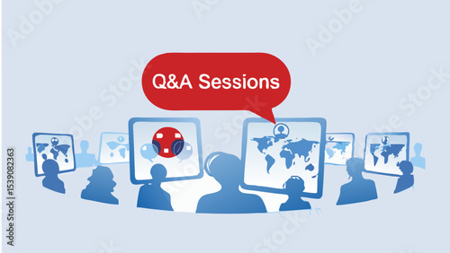 Illustration of people attending q and a sessions online with world maps displayed on screens for global discussion