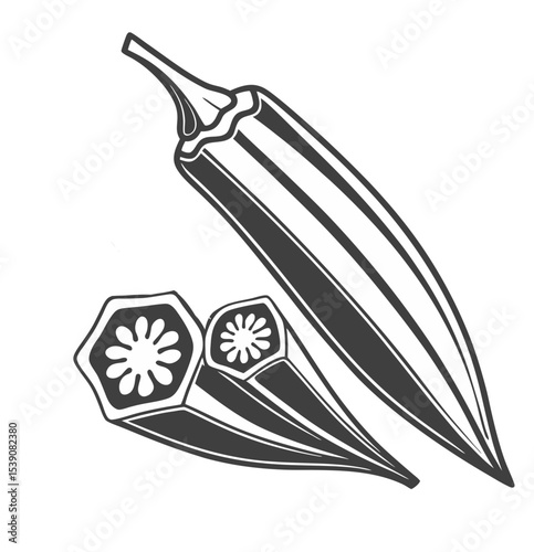 A minimalistic vector illustration featuring three distinct okra (ladyfinger/bhindi) silhouettes in one design. The set includes a whole okra pod, a cross-section slice with a star-shaped interior, 