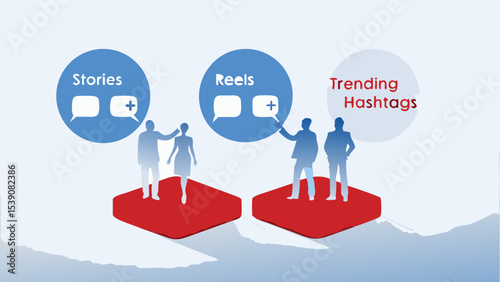Illustration showing social media platforms stories reels and trending hashtags with people silhouettes