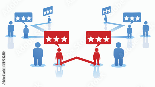 Illustration depicting customer feedback with star ratings shown in speech bubbles and connections
