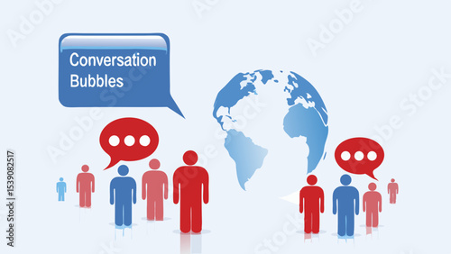 Global communication with people and speech bubbles representing conversation and interaction online and offline