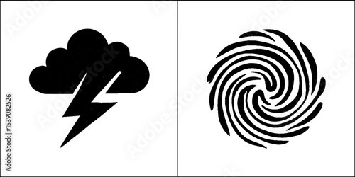 Storm elements: cloud with lightning and swirling wind icons for weather designs