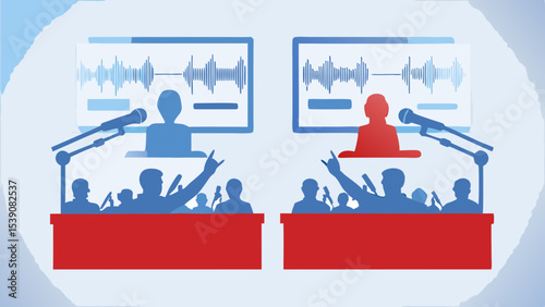 Illustration of two political rallies with speakers, microphones, and audience members shown in silhouette