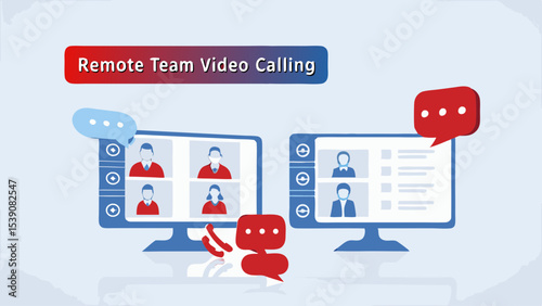 Illustration showing remote team video calling with multiple participants on computer screens displayed