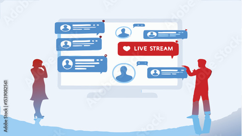 Illustration of a live stream on a monitor with chat bubbles and two people watching it online now