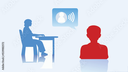Illustration of a woman at a desk communicating with a person via a digital voice interface
