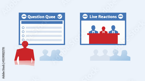 Illustration of question queue and live reactions with audience members present below them