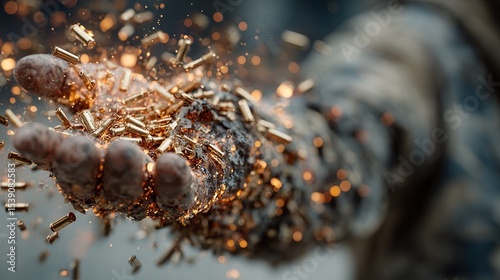 Hand releasing a cascade of bullets as sparks fly in a gritty, urban environment where action and intensity permeate the air, embodying the essence of conflict and energy