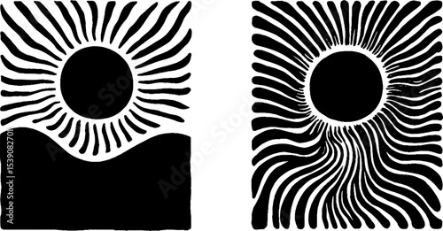 Abstract sun and mountain ridge with wind gust patterns for nature-inspired designs