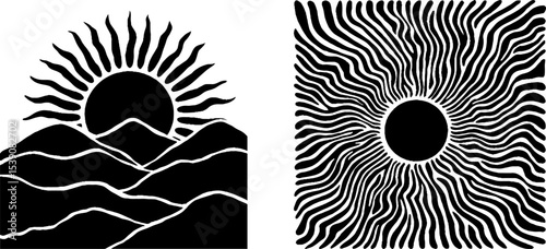 Abstract sun art with arc and mountain ridge featuring wind gust patterns