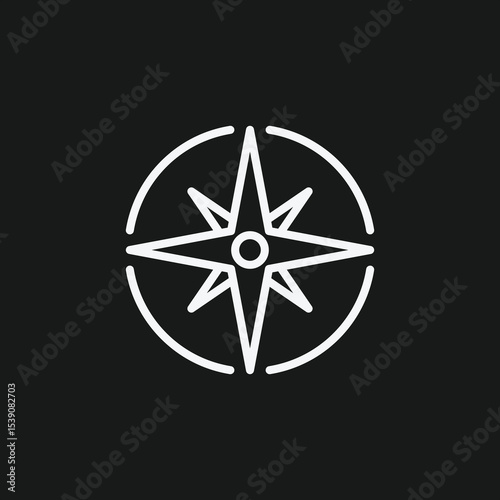 Compass Rose or Wind Rose on Black Background, Representing Direction, Navigation, or Travel, White Outline Icon