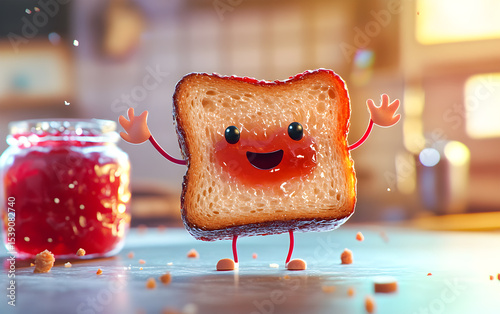 Happy Toast with Jam Cartoon Character Kitchen Setting