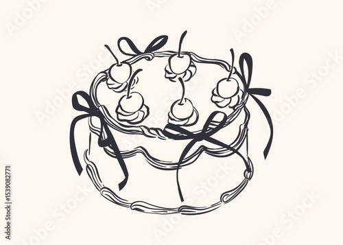 Retro cake in flirty aesthetics. Vintage cake with ribbon bows in linear style. Vector simple illustration.