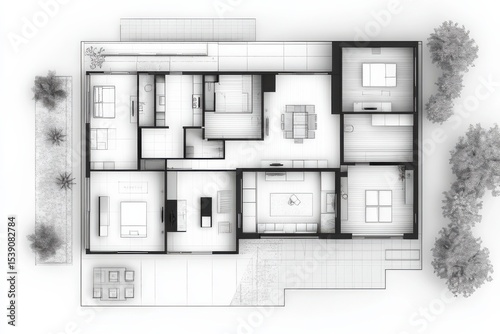 Modern home plan architectural design contemporary layout blueprint sketch on White Background. Generative Ai