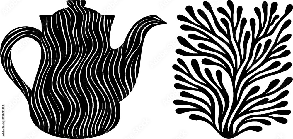 Obraz premium Artistic black and white teapot with herb design