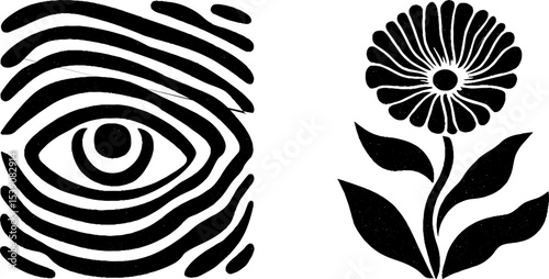 Minimalist black swirl patterns and floral eye design for art and decor