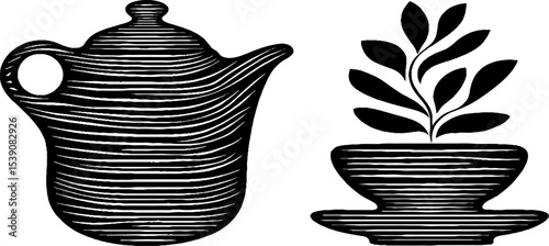 Elegant teapot and saucer with herb design for kitchen decor and tea enthusiasts