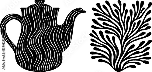 Artistic black and white teapot with herb design