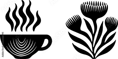 Minimalist teacup with steam and camomile design for relaxation and herbal calmness