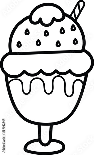 Outlined Ice Cream Sundae with Sprinkles and a Straw Illustration