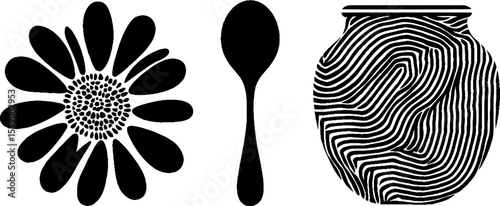 Chamomile bloom, teaspoon, and honey jar silhouette set for natural design