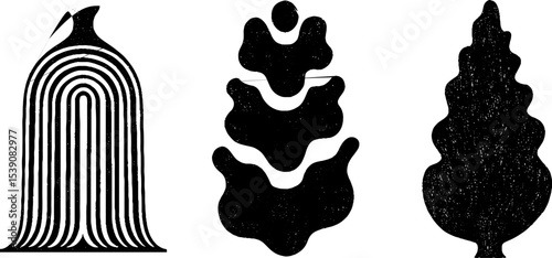 Abstract set featuring a temple bell, amphora rim, and cypress silhouette for creative designs