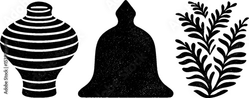 Ancient artifacts and nature elements: temple bell, amphora, cypress silhouette design