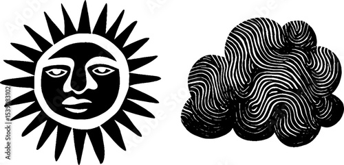 Tribal totem face and abstract storm cloud art design for cultural prints