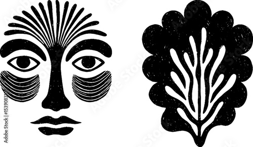 Ethnic totem face and leaf pattern design for artistic and cultural creations
