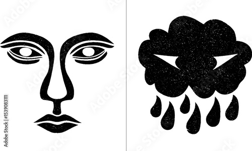 Tribal totem face and fang mark with storm cloud design elements for creative projects