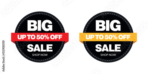 Big Sale Promotion: A bold visual statement of "Big Sale," accentuated by vibrant red and yellow banners that boldly proclaim discounts of up to 50% off, drawing attention to the retail promotion. 