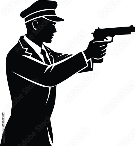 Silhouette of Armed Police Officer Shooting with Revolver in Action