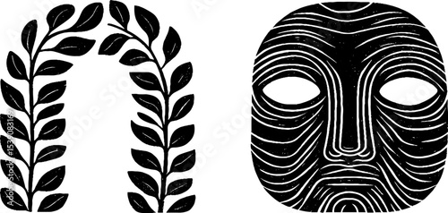 Abstract stone mask and vine motif with triumphal arch theme for decorative design