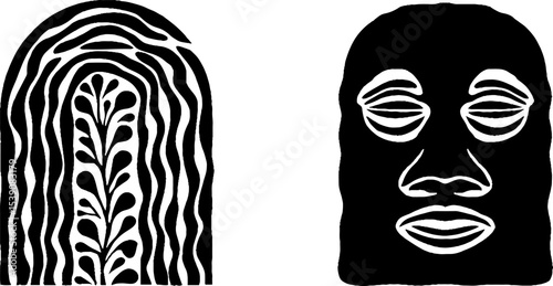 Set of abstract triumphal arch and stone mask with vine motif design
