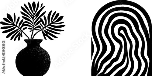 Abstract vase and palm leaves with medallion arch design for decorative art