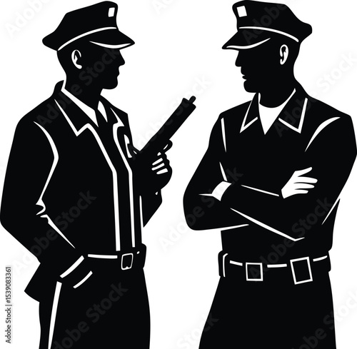 Silhouette of Policemen in Serious Discussion Group