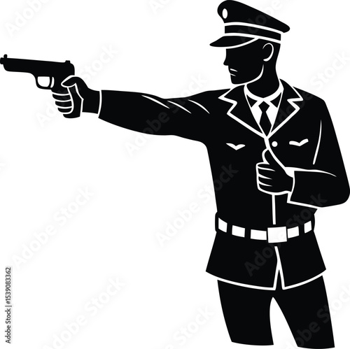 Aggressive Police Officer Pointing Gun in Commanding Stance
