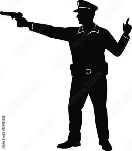 Law Enforcement Officer Aiming Pistol Forward in Silhouette