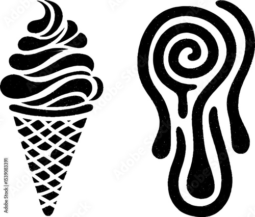 Ice cream cone and swirl design with dripping syrup for dessert themes