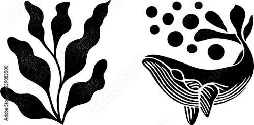 Ocean life elements with whale fin and algae for nature design