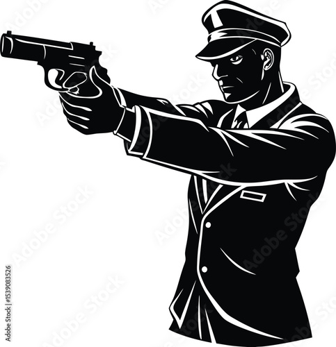 Side View Silhouette of Police Officer Aiming Handgun