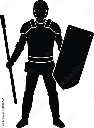 Silhouette of Riot Police Officer Holding Shield and Baton for Defense