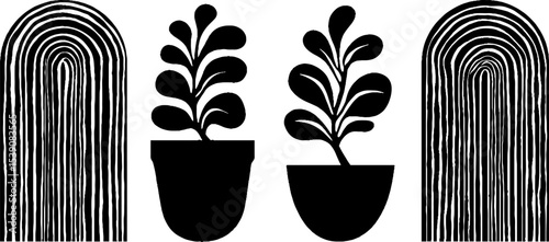 Minimalist window arch and potted plant design elements for home decor and interior inspiration