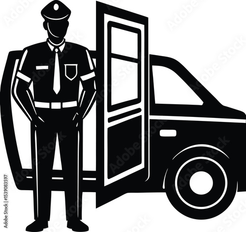 Police Officer Opening Door of Patrol Vehicle in Silhouette